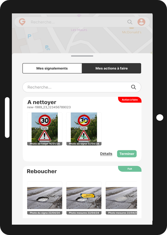 Actions affectées à un agent  de terrain sur GEROBA Mobile